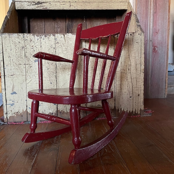 Red Rocking Chair Christmas - Primitive Americana Red Child’s Rocker - 40's Red Painted Rocking Chair - Mid-Century Spindle Nursery Chair