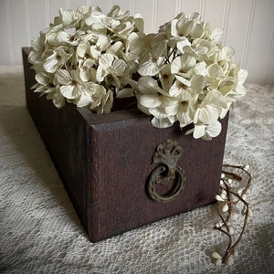 May include: A dark brown wooden box with a decorative brass handle, filled with two large clusters of off-white hydrangeas. A sprig of white berries rests on the side, creating a rustic, vintage aesthetic. The box is set against a white, textured backdrop.