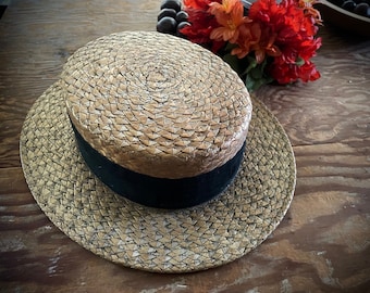 Antique Straw Porkie Hat - Straw Boater Hat - Porkpie Hat - Campaign Politicians Barbershop Gatsby Skimmer Hat - Panama Beach Flat Straw Hat