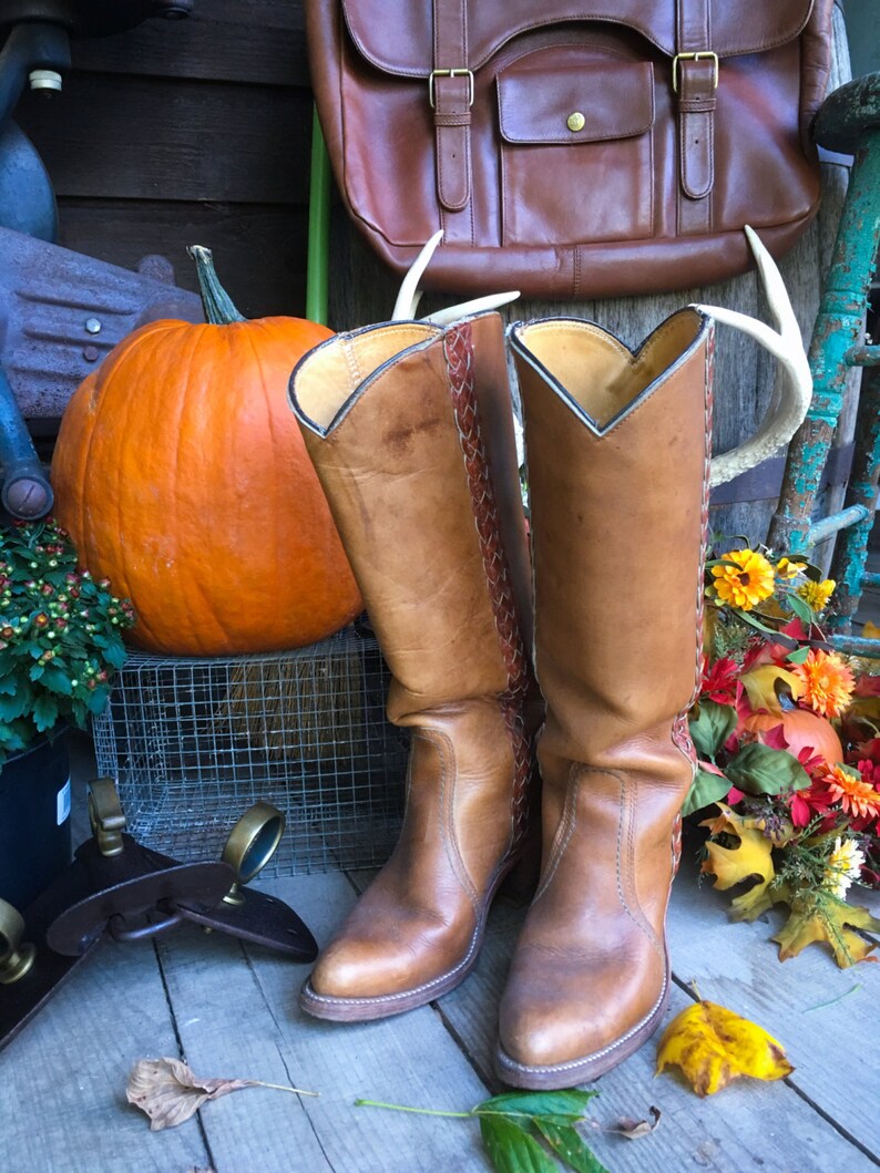 Cow Girl Western Attire Bermans Cowgirl Braid Riding Boots Cowboy Leather Bermans Boots Size 6.5 American West Country Western Boots