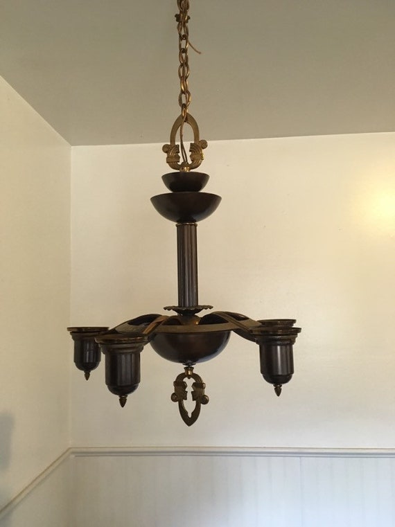 Chandelier Art Deco Hanging Light 1980 S Vintage Hanging Light Flat Gold Filigree Finial Shackle Tiered Bobeches