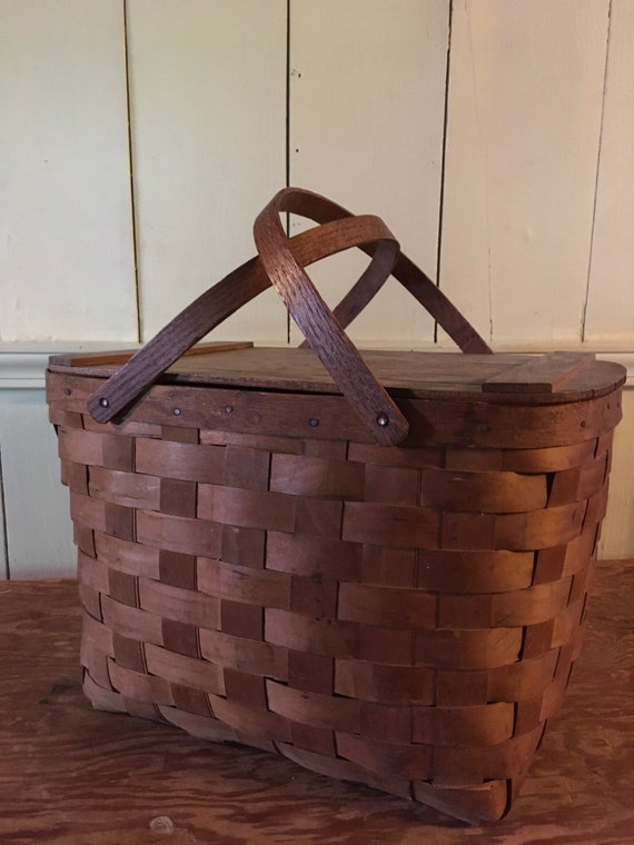 Tall Picnic Basket Vintage - Farmhouse Slat Lid P… - image 5