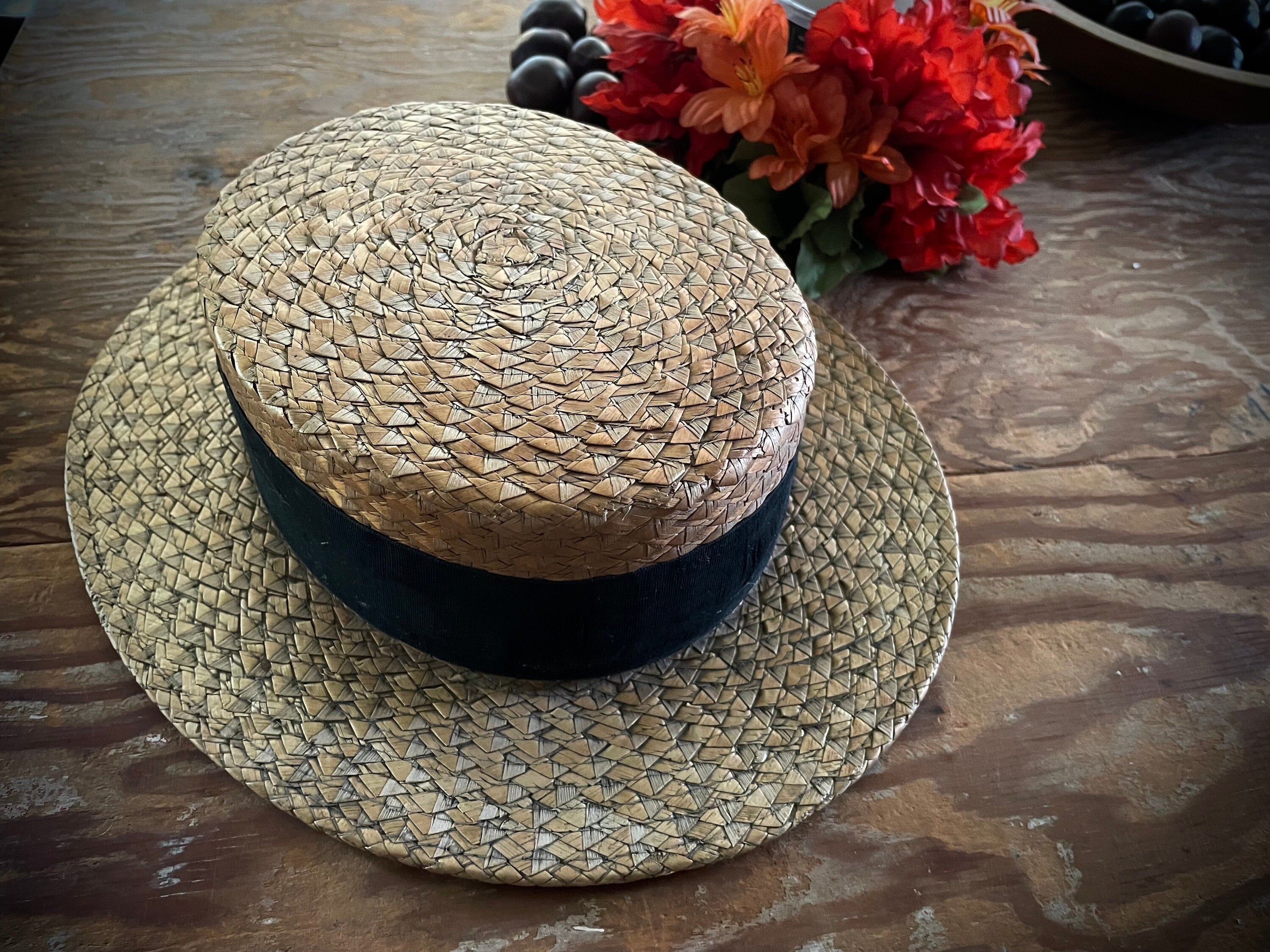 Vintage Black Woven Straw Boater Hat Brown Ribbon Rose Dark Academia Skimmer Vintage 1920s Locke and Co. Hatters Straw Boater / Skimmer  main image 2