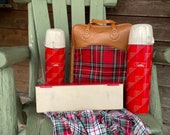 Thermos Picnic Kit - Icy Hot Thermos - Red Tartan Plaid Tote - Summer Picnic Thermos Sandwich Tray Cup Set - Hiking Trail Tartan Lunch Pack