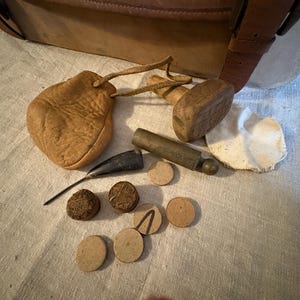 Black Powder Brass Measuring Tool Kit - Wood Loading Malet and Plugs - Horn Handled Pick - Leather Ammo Pouch