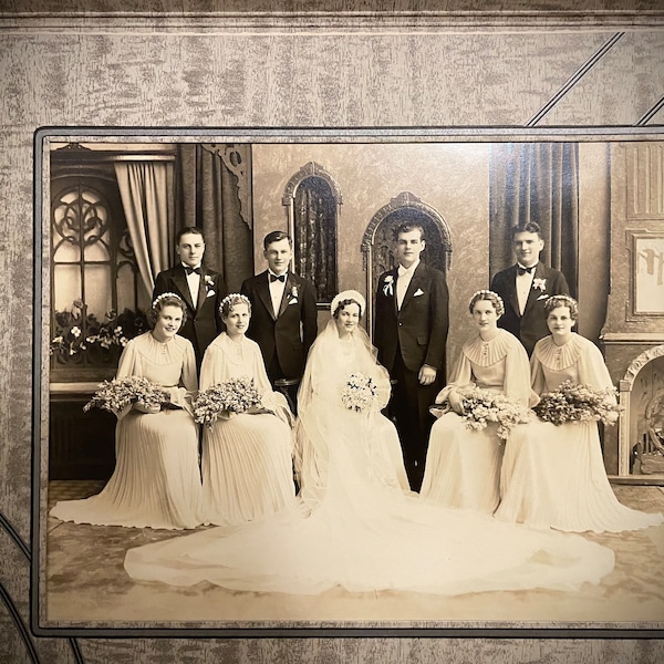 Wedding Portrait Sepia Patina - Bohemian Belgium Wedding Portrait - Italian Catholic Paper Ephemera Photography - Wedding Party 1920s