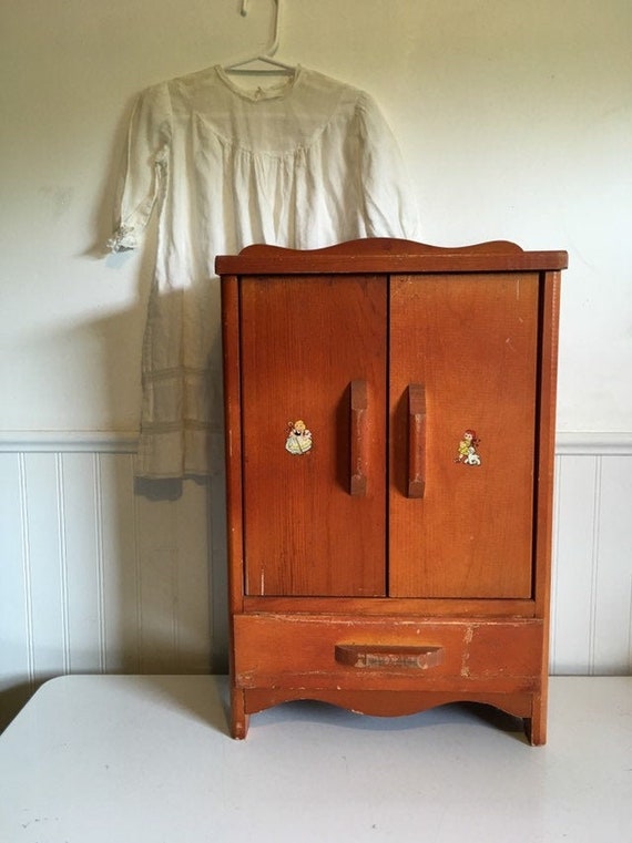 Wooden Doll Wardrobe Doll Clothes Cabinet Decal Solid Wood Doll Furniture Miniature Clothes Closet Barbie Furniture Vintage Armoire