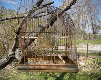 Birdcage Hendryx - Silver Antique Rusty Metal Primitive Le Petit Aviary - Retro Bird Cage - Mid Century Birdcage - Tray Wire Canary Cage