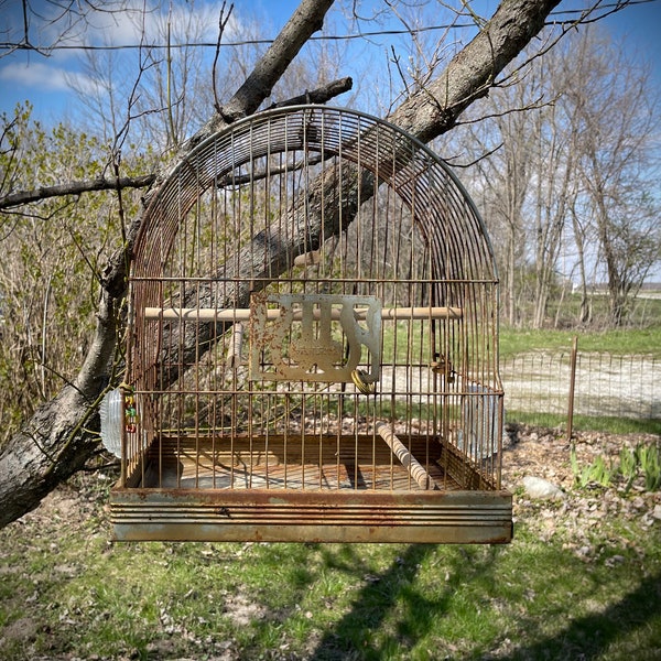 Birdcage Hendryx - Silver Antique Rusty Metal Primitive Le Petit Aviary - Retro Bird Cage - Mid Century Birdcage - Tray Wire Canary Cage