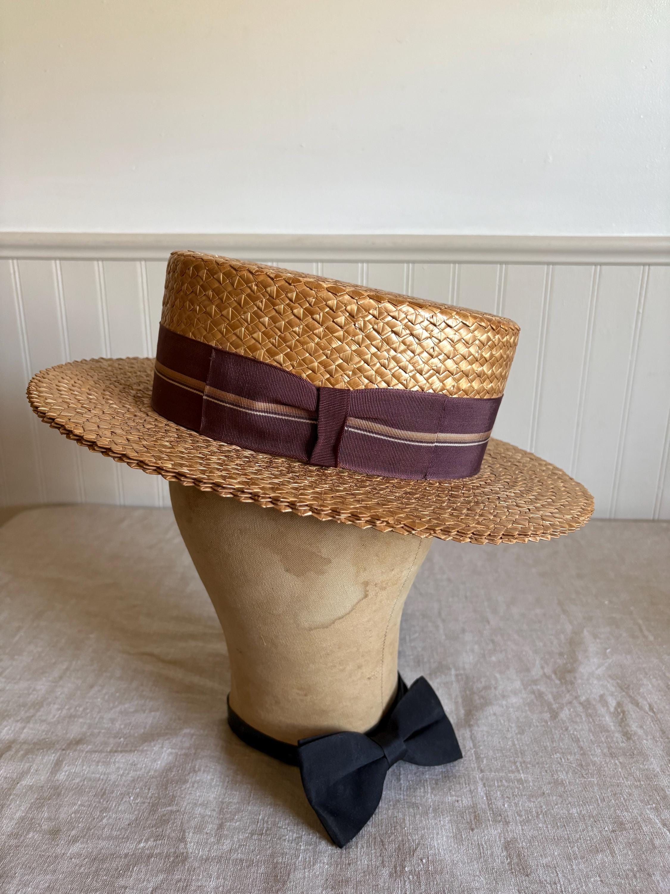 Vintage Black Straw Boater Hat with Gold Trim and Pearls Straw Boater Hats With Ribbon - Etsy main image 3