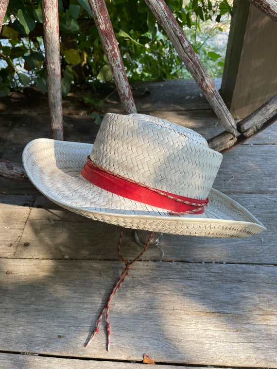 Straw Farmers Hat White Straw Cowgirl Hat Red White Trim String Summer  Straw Wide Brim Fedora Boys Small Round Lifted Crown Woven Hat 