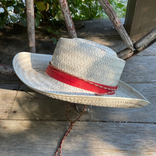 Straw Farmers Hat - White Straw Cowgirl Hat Red White Trim String - Summer Straw Wide Brim Fedora - Boys Small Round Lifted Crown Woven Hat