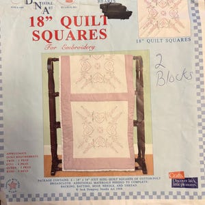May include: An 18-inch quilt square kit for embroidery, featuring a design with hearts. The kit includes two blocks and is from Jack Dempsey Needle Art, 1984. The package contains cotton/poly broadcloth squares.