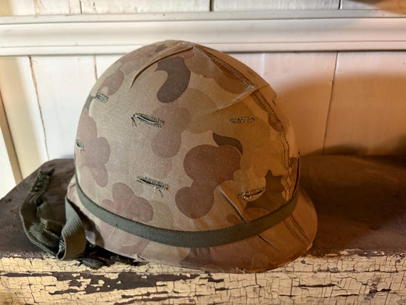 Vietnam Era Helmet - M2 Camo Pot Helmet - Steel, 1960s Peace Sign