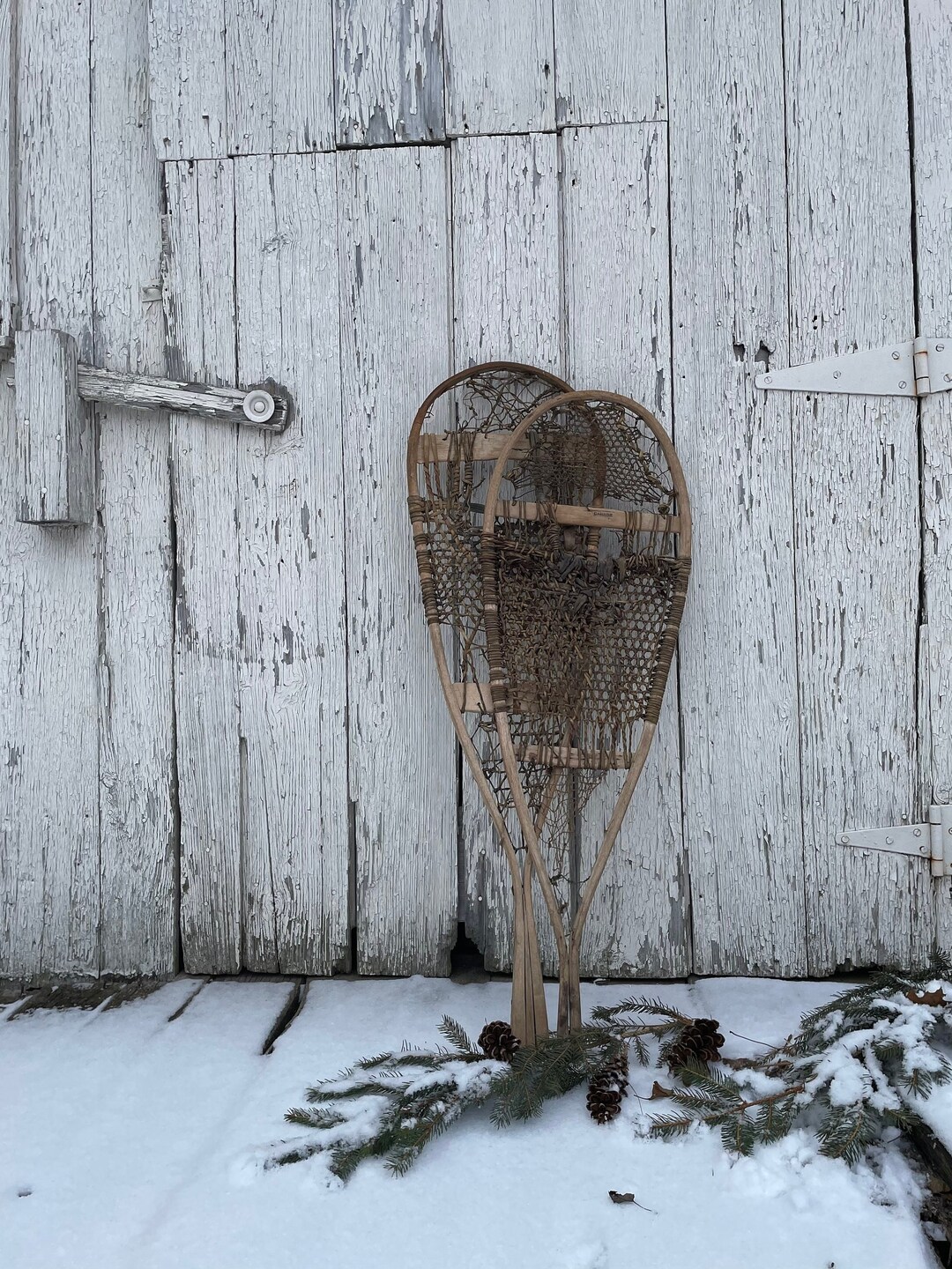 Primitive Wooden Snowshoe Vintage French Canadian Beavertail Hand