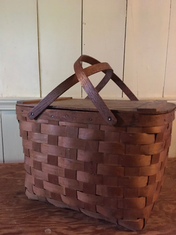 Tall Picnic Basket Vintage - Farmhouse Slat Lid P… - image 6