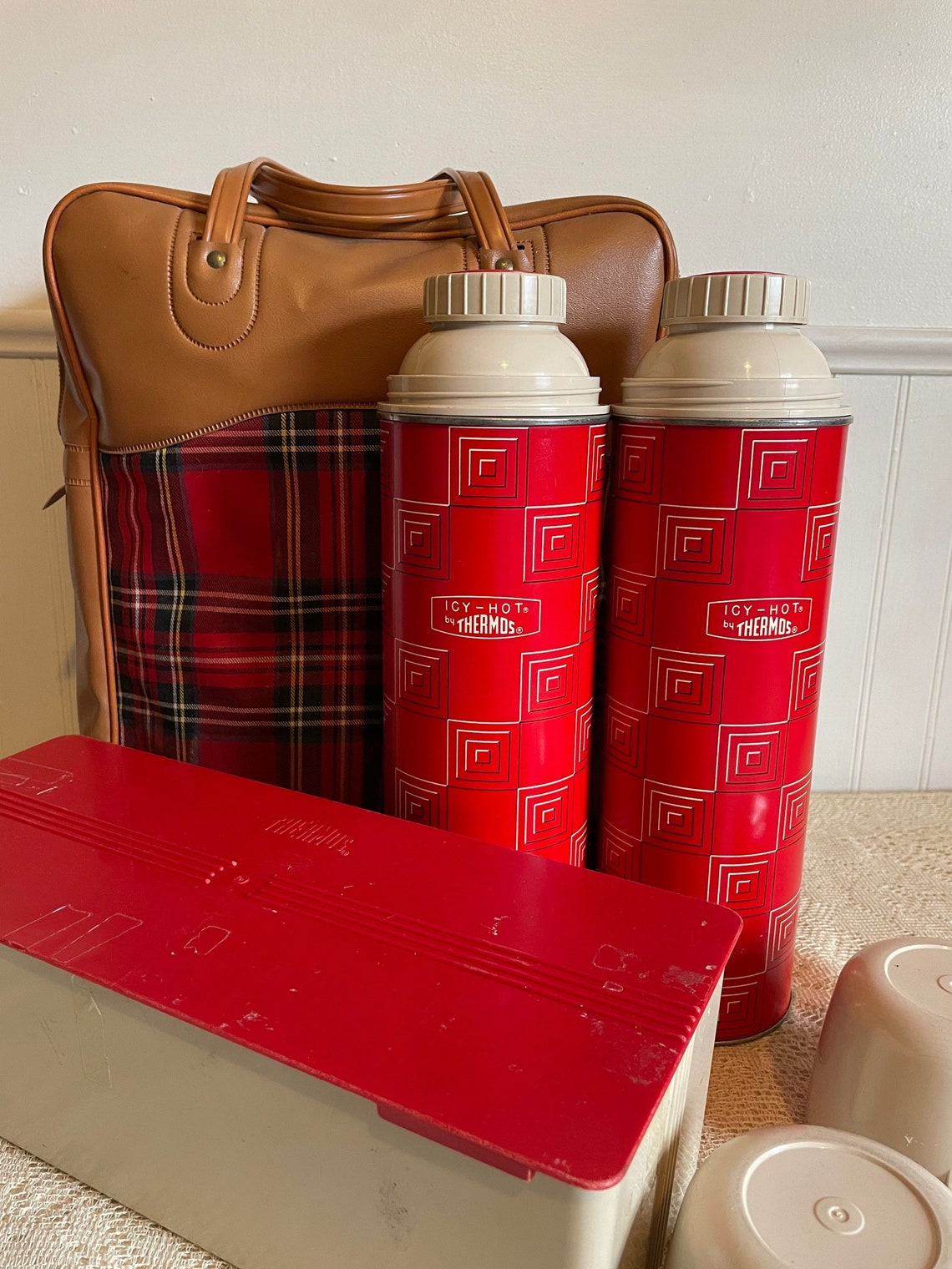 Thermos Picnic Kit Icy Hot Thermos Red Tartan Plaid Tote Etsy