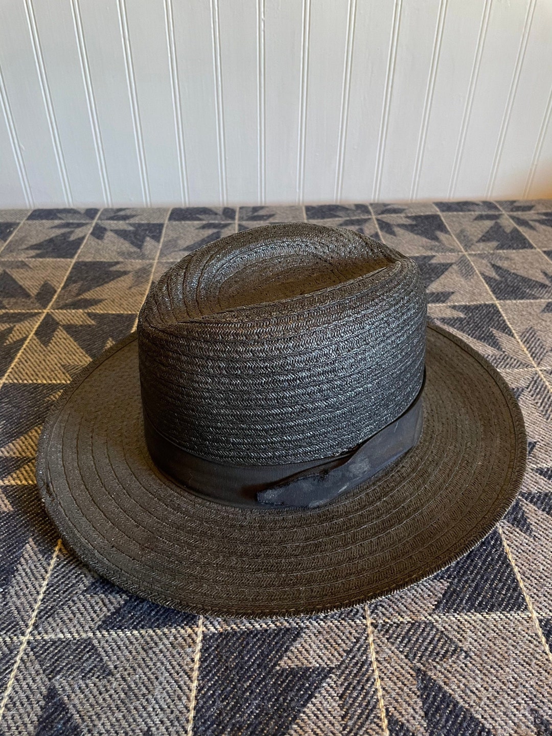 割引購入 7/8 6 Hat Straw Amish - Fedora Brim Straw Black Authentic 帽子