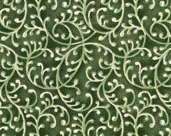 Green fabric by the yard, green vine fabric, green and white fabric, green swirl fabric, green fabric basics, green cotton, #16400