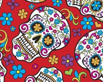 Sugar skulls fabric remnant 33 inches, dia de los muertos fabric, day of the dead fabric, calavera fabric, folkloric skulls fabric, #20586