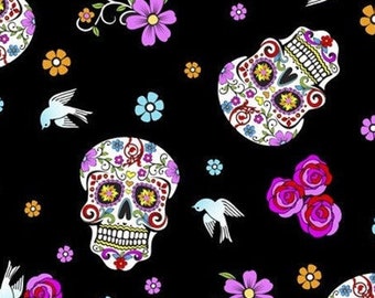 Sugar skulls fabric by the yard, dia de los muertos fabric, day of the dead fabric, calavera fabric, folkloric skulls fabric, #20587