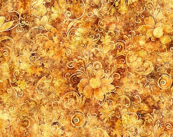 May include: A seamless pattern with a vintage aesthetic featuring intricate gold floral designs on a brown background.