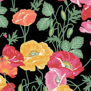 Black floral fabric by the yard by Andover Fabrics Poppies line, black cotton, poppies fabric, poppy fabric,  #24139