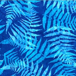 May include: A seamless pattern of blue fern leaves on a dark blue background. The leaves are light blue and have a watercolor effect.