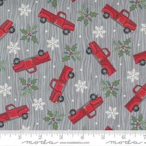 Christmas red truck fabric by the yard by Moda Home Sweet Holidays, Christmas fabric, mistletoe fabric, holly fabric, #24003