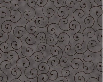 May include: A fabric with a gray background and a repeating pattern of dark brown swirls. The swirls are stylized and create a flowing, organic design. The fabric is suitable for various craft projects.
