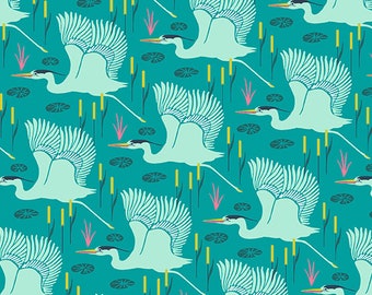 Blue swan fabric by Andover Fabrics Flora and Fauna line A-9996-T, blue fabric by the yard, blue cotton, emerald fabric, #23044