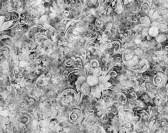 Gray floral cotton fabric by the yard, grey fabric, #24300