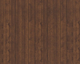 May include: Brown woodgrain fabric with a repeating pattern of vertical wood planks. The fabric is textured and has a subtle sheen.
