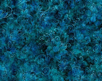 May include: A seamless pattern featuring a teal blue background with white floral designs. The design is reminiscent of a vintage wallpaper.