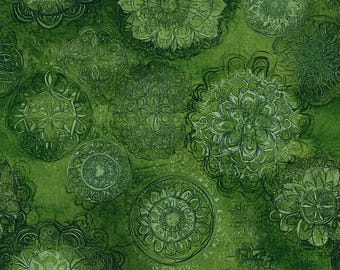 Moss green medallion cotton fabric by the yard, #26047