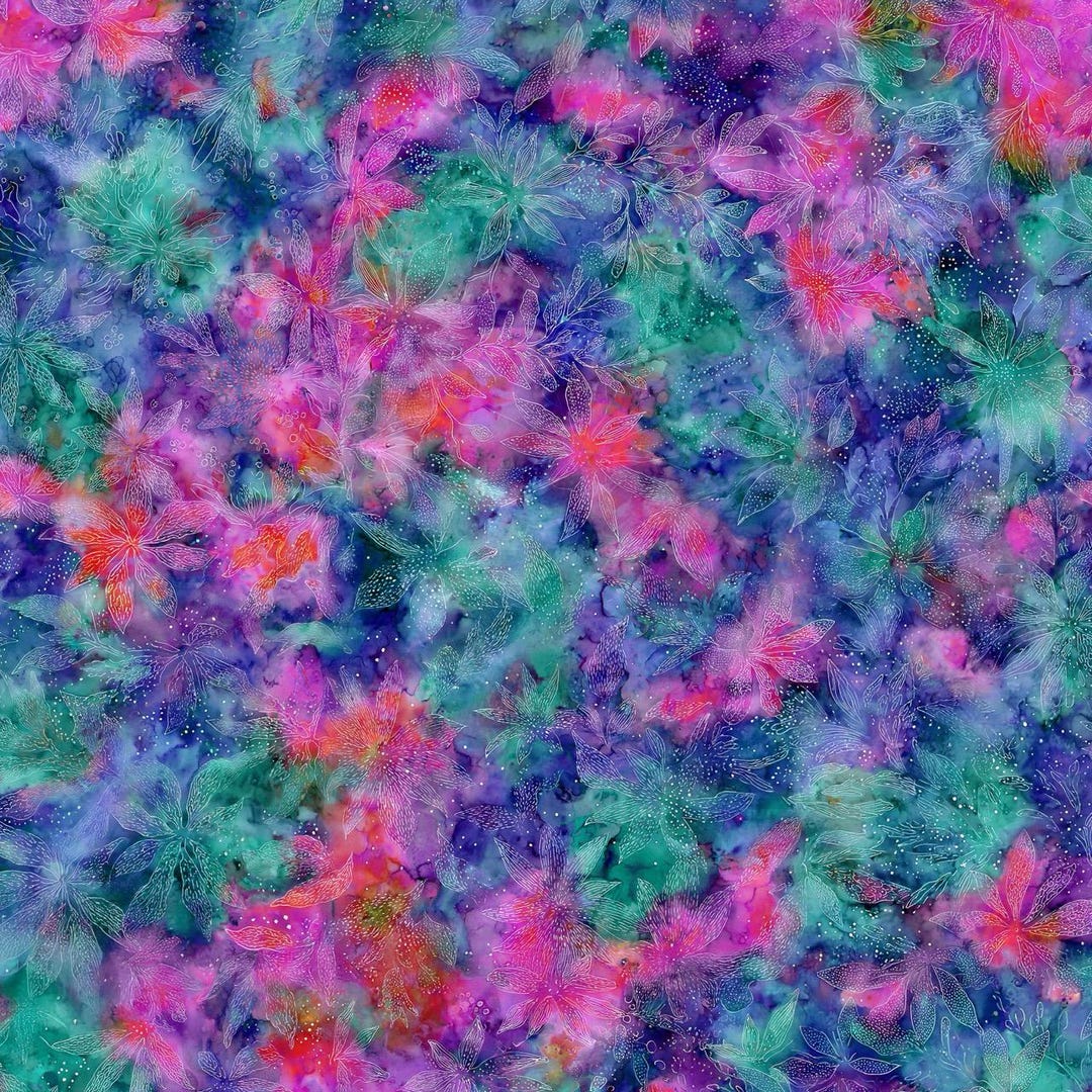 Blue Pink and Purple Floral Cotton Fabric by the Yard Mystic Petals ...