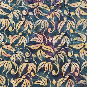 Green batik fabric by the yard, green and purple batik, leaf batik