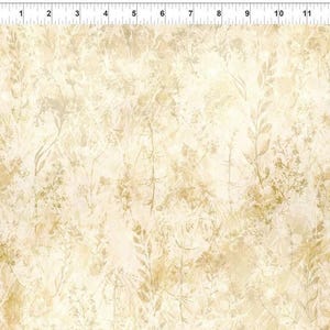 May include: A fabric with a beige and cream background featuring a botanical design. The pattern includes delicate illustrations of leaves and stems in shades of green and brown, creating a natural, textured appearance.