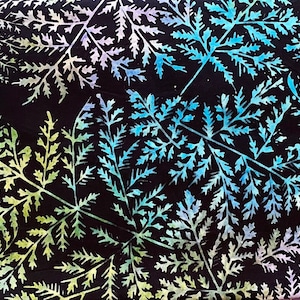 May include: A black fabric with a repeating pattern of green, blue, and purple fern leaves.