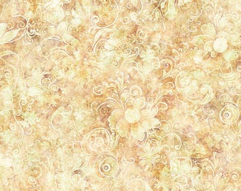 May include: A seamless pattern with a vintage aesthetic featuring delicate white floral designs on a light brown background.