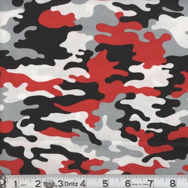 SALE! Red and black camo fabric remnant 26 inches, cotton camouflage fabric, red camo, red and black fabric, #18033