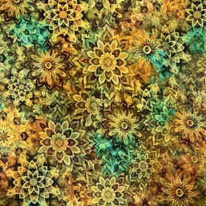 Gold and turquoise fabric digitally printed, gold floral fabric, gold cotton, gold and blue fabric, medallion fabric, gold fabric, #25082