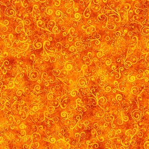 May include: A seamless pattern with a vintage aesthetic featuring intricate gold swirls on an orange background.