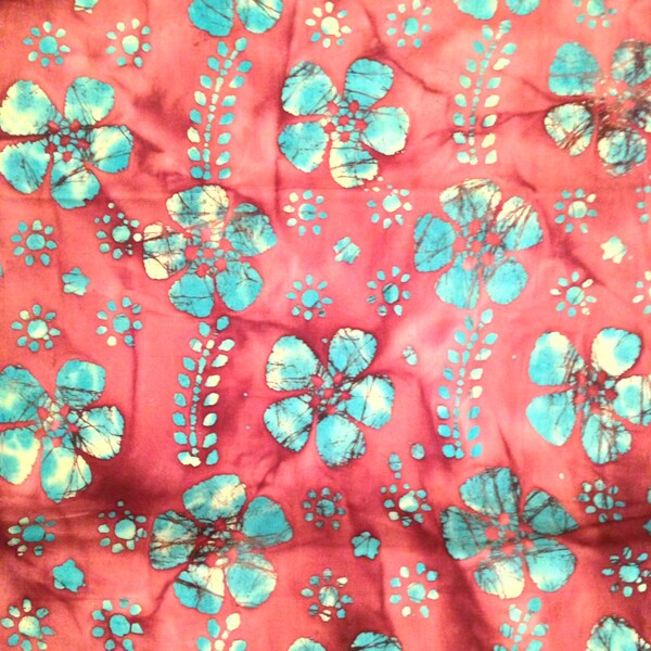 SALE!!! END of BOLT remnant!!! Coral and blue batik fabric by the yard - hibiscus batik - hibiscus fabric #1510