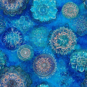 May include: A vibrant, patterned fabric featuring a deep blue background with overlapping circular and floral designs in shades of turquoise and pink. The intricate patterns create a layered, artistic effect, suitable for various craft projects.