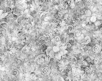 Gray floral swirl cotton fabric by the yard Queens Garden line, #25094