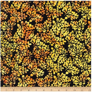 Black and yellow batik fabric by the yard by Island Batik, black batik, leaf batik, #22133