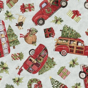 Red Truck Christmas fabric by the yard, Red Truck Fabric, Christmas truck fabric, Christmas tree fabric, #23911
