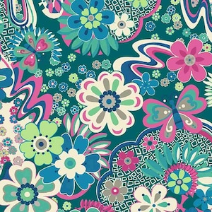 May include: A teal background with a colorful floral pattern. The flowers are in shades of pink, blue, green, and white. There are also butterflies in the design.