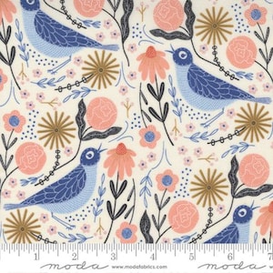 Bird fabric by the yard by Moda Birdsong fabric line, cream fabric, blue bird fabric, modern fabric, Gingiber, #24015